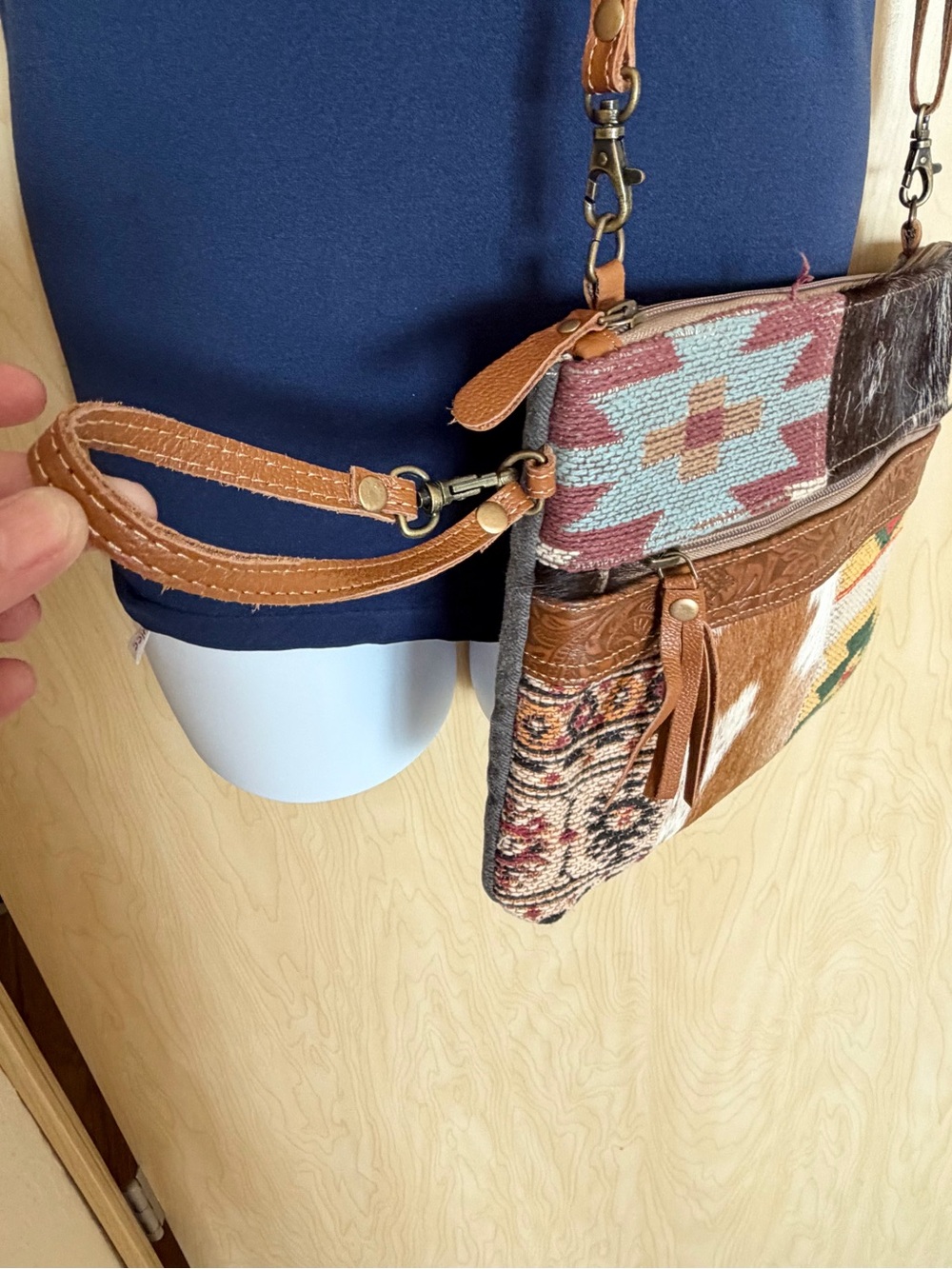 Myra Bag Brown Multi Patchwork Crossbody with Cowhide & Leather Trim Aztec Print - Picture 3 of 13